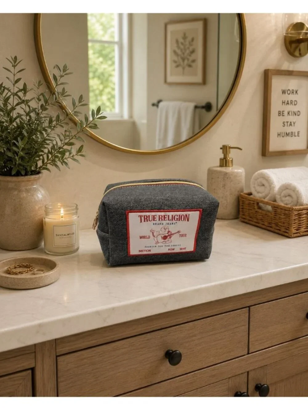 New TRUE RELIGION Brand Jeans Denim Makeup Buddha Logo Cosmetic Bag NWT